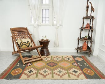 Handwoven Wool Jute Kilim Rug, Geometric Southwestern Flatweave Carpet, Custom Size, Eco-friendly