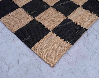 Checkered Jute Rug,Hallway Runner, Custom Size Jute Rug, Boho Jute Rug, Large Jute Rug, Black & beige Checker Board Rug, Indian Jute Rug,