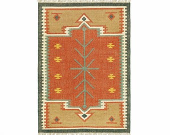Southwestern Tribal Wool-Jute Rug with Geometric Tree Motif- Jute Kilim  Rug Living Room Area Carpet