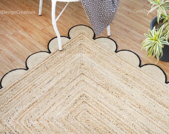 Natural Jute Scallop Rug, Black Scalloped Jute Rug, Boho Scallop Rug, Hand Braided Jute Rug, Bohemian Home Decor Jute Rug, Custom Size Rug