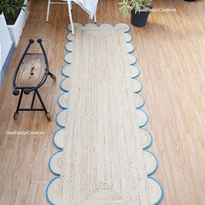 Natural Jute Scalloped Runner Rug,  Scalloped Edge Runner Rug,  Boho Scallop Runner Rug, Jute Area Rug, Bohemian Rug, Custom Size Runner Rug