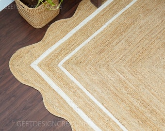 Wavy Scalloped Jute Rug, Handwoven Boho Decor Farmhouse Scallop Shape Rug, Bohemian Area Floor Mat, Natural Fiber Sisal Runner