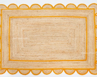 Natural Jute Rug, Yellow Scalloped Jute Rug, Jute Scalloped Rug, Jute Area Rug, Bohemian Home Decor Rug, Boho Scallop Rug, Custom Size Rug
