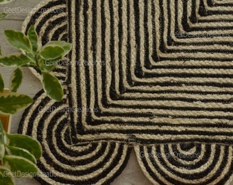 Natural Scalloped Jute Rug, Black & White Scallop Jute Rug,  Bohemian Jute Rug, Braided Jute Rug, Boho Home Decor Rug, Custom Size Jute Rug