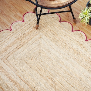 Scalloped Jute Rug,Natural Jute Rug, pink Scalloped Rug, Boho Scalloped Rug, Braided jute rug, Bohemian Rug, Rectangular Rug, Custom Rug,