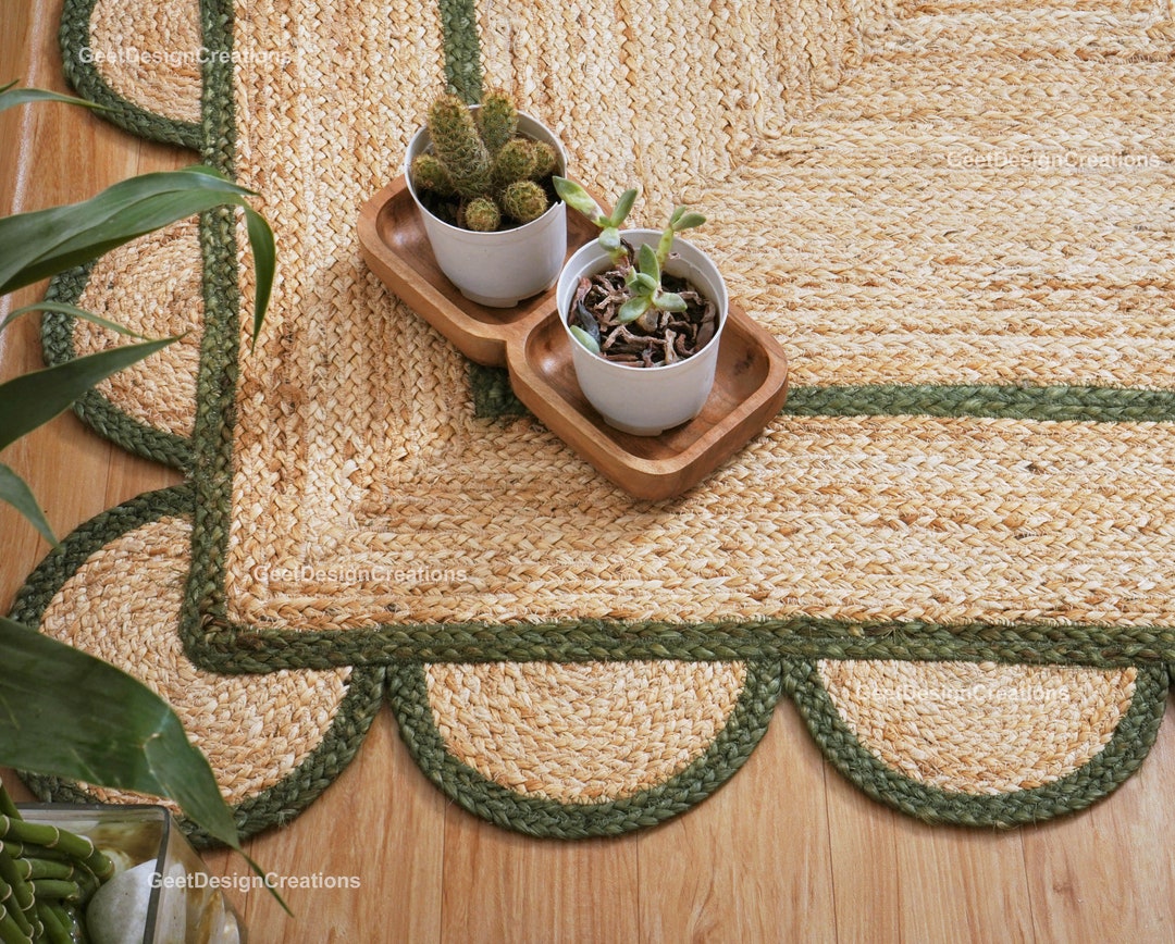 Jute Scalloped Rug, Green Scalloped Rug, Scalloped Edge Rug, Boho