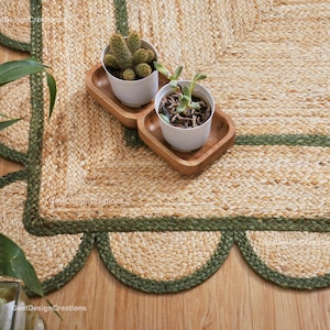 Jute Scalloped Rug, Green Scalloped Rug, Scalloped Edge Rug,  Boho Scallop Rug, Natural Jute Area Rug, Bohemian Decor Rug, Custom Size Rug,