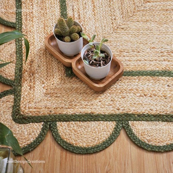 Jute Scalloped Rug, Green Scalloped Rug, Scalloped Edge Rug,  Boho Scallop Rug, Natural Jute Area Rug, Bohemian Decor Rug, Custom Size Rug,