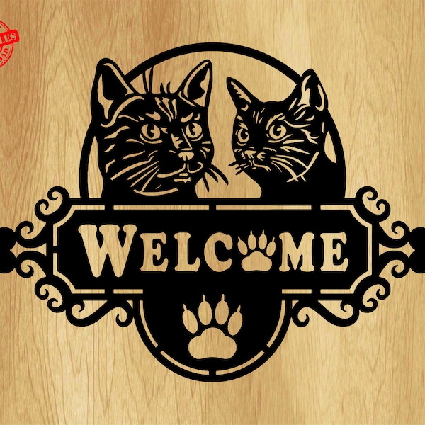 cats address sign, House Number with pet, Contemporary house number, Flat Number,welcome cats laser cut, pet lover gift,animals files