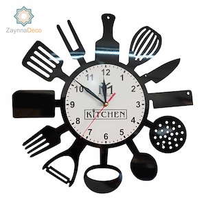 kitchen clock for wall – Unique Black Cooking Clock, Modern Kitchen Decor, Gift for Mom, Handmade Kitchen Clock, Chef Wall Art