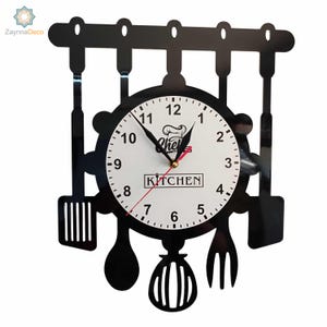 Kitchen Wall Clock - Cooking Utensil Clock for Kitchen Decor, Modern Black Acrylic Clock, Utensils Wall Art, Chef Gift, Kitchen Timepiece