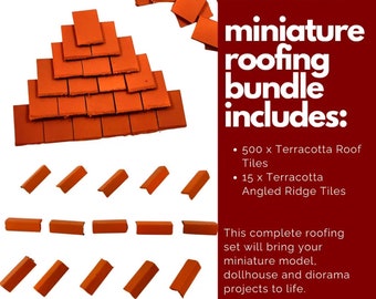 The Ultimate 1:24th Miniature Model Dollhouse Diorama Roofing Bundle - 500 Roof Tiles + 15 Angled Ridge Tiles in Terracotta