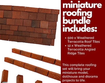 The Ultimate 1:12th Miniature Model Dollhouse Diorama Roofing Bundle - 500 Roof Tiles + 12 Angled Ridge Tiles in Weathered Terracotta