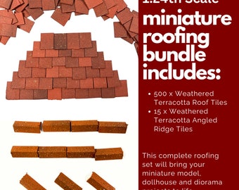 The Ultimate 1:24th Miniature Model Dollhouse Diorama Roofing Bundle - 500 Roof Tiles + 15 Angled Ridge Tiles in Weathered Terracotta