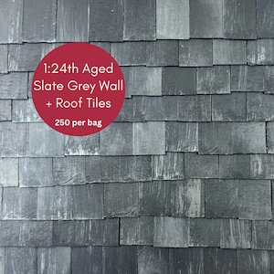 May include: Close-up of aged slate grey wall and roof tiles. The tiles are arranged in a staggered pattern, with varying shades of grey and white. The image includes a red circle with the text "1:24th Aged Slate Grey Wall + Roof Tiles" and "250 per bag".