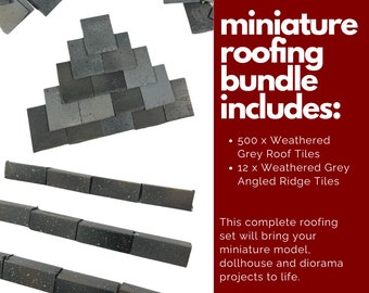 The Ultimate 1:12th Miniature Model Dollhouse Diorama Roofing Bundle - 500 Roof Tiles + 12 Angled Ridge Tiles in Weathered Grey
