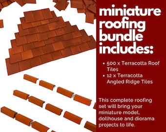 The Ultimate 1:12th Miniature Model Dollhouse Diorama Roofing Bundle - 500 Roof Tiles + 12 Angled Ridge Tiles in Terracotta