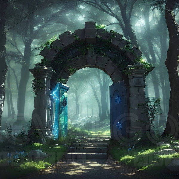 Portal, Gate, Estate, Forest, Realm, Fantasy art, digital painting, landscape, Magical, Mysterious, Enchanted, Woods, Path, Domain