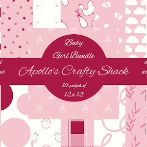 Digital Paper Download, Baby Girl Bundle, 15 pagine di bellissime carte disegnate a 12x12