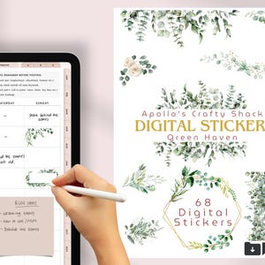 May include: A digital sticker set featuring 68 watercolor illustrations of green leaves and white flowers. The stickers are perfect for adding a touch of nature to digital planners, journals, and other projects. The text "Apollo's Crafty Shack DIGITAL STICKERS Green Haven" is displayed on the image.