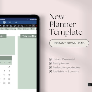 Op de afbeelding: Een digitale planner-sjabloon voor Goodnotes met een groen kleurenschema. De sjabloon bevat een maandelijkse kalender, een sectie voor maandelijkse focus en een sectie voor de taken van deze maand. De tekst "Maart" en "Pasen" is zichtbaar op de sjabloon.