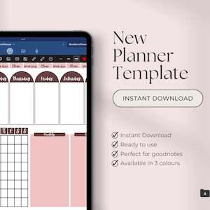 May include: A digital planner template displayed on a tablet screen. The template features a weekly layout with sections for Tuesday through Saturday, a monthly calendar, and a notes section. The template is designed in a minimalist style with a brown and pink color scheme.
