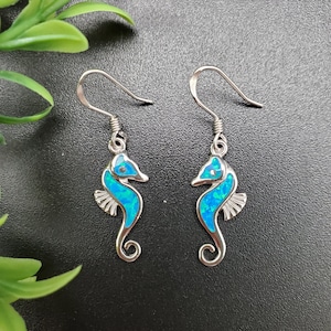 EMV #125 | Sea Horse Blue Opal Inlay Flower Dangle Earrings | Sterling Silver Blue Opal Sea Horse Earrings | Dainty Blue Sea Horse Earrings