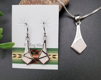 TULU #139 | Dainty Necklace Pendant and Matching Earrings Set | Sterling Silver Inlay White Opal Jewelry | Dainty Simple White Opal Jewelry