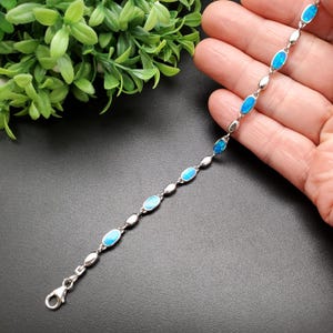 Sam#09 | Lovely Inlay Blue Opal Teardrop Link Bracelet 7 1/4 in | Sterling Silver Teardrop Bracelet Links | Dainty Blue Stone Bracelet