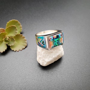 TT #R315 | Lovely Micro Inlay Southwest Ring Size 8 1/2 | Sterling Silver Multicolor Inlay Ring | Unique Designed Pattern Opal Inlay Ring