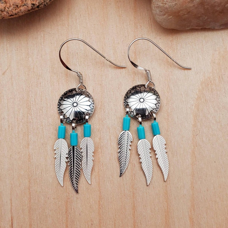 Sterling Silver Concho Earrings With Feathers | Small Silver Earrings | Southwestern Jewelry | Turquoise Southwest Earring | Gift For Her image 5