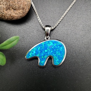TULU #86 | Dainty Blue Opal Inlay Bear Necklace Pendant With Silver Chain | Sterling Silver Blue Opal Bear Pendant | Silver Bear Jewelry