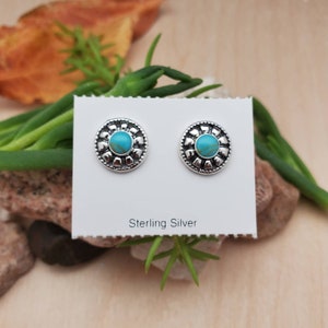 925ForHer Small Concho Turquoise Post Earrings | Turquoise Stud Earrings | Sterling Silver Earrings | Kingman Turquoise Jewelry Made in USA