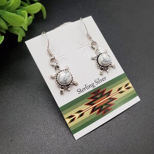 925ForHer 6mm Dainty White Buffalo Turquoise dangle Earrings | Sterling Silver White Turquoise Earrings | White Stone Turtle Dangle Earrings
