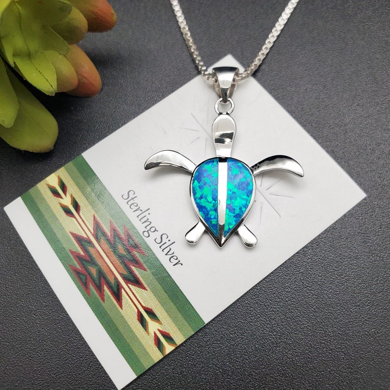 Sea Turtle Inlay EMV #91 Dainty Blue Opal Inlay Sea Turtle Necklace Pendant With Silver ...