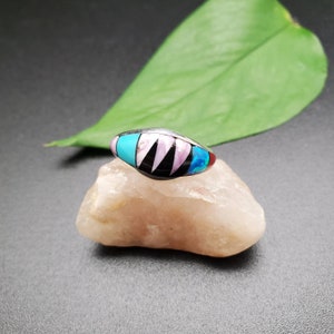 Inlay Ring #473 | Lovely Multicolor Inlay Southwest Ring Size 8 1/2 | Sterling Silver Opal Inlay Multicolor Ring | Dainty Pattern Inlay Ring