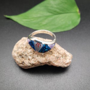 Inlay Ring #465 | Lovely Multicolor Inlay Southwest Ring | Sterling Silver Inlay Multicolor Ring | Dainty Pattern Inlay Ring | Inlay Jewelry