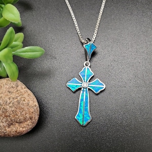TULU #78 | Inlay Fire Blue Opal Blue Cross Necklace Pendant With Silver Chain | Sterling Silver Blue Opal White Topaz Cross Pendant Necklace