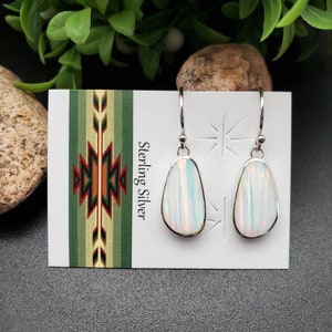 CONC#20 | Dainty Fire Opal Dangle Earrings | Sterling Silver White Opal Earrings | Unique Shape Opal Inlay Jewelry | Lovely Opal Earrings