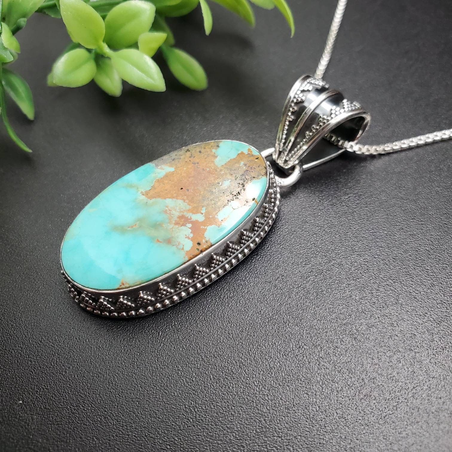 PLNT#123 | Unique Turquoise Necklace Pendant With Silver Chain