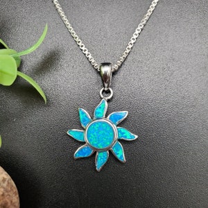 TULU #68 | Inlay Fire Blue Opal Sunflower Necklace Pendant With Silver Chain | Sterling Silver Blue Opal Inlay Flower Sun Pendant Necklace