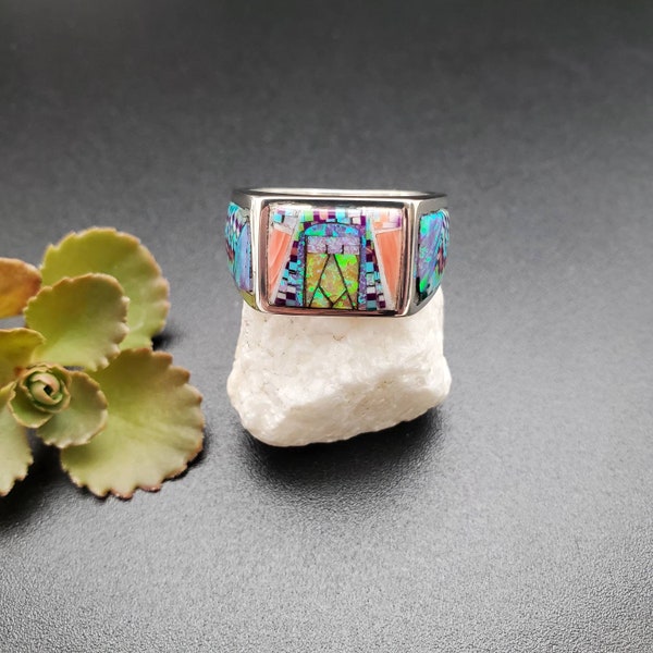 TT #R313 | Lovely Micro Inlay Southwest Ring Size 11 1/2 | Sterling Silver Multicolor Inlay Ring | Unique Designed Pattern Opal Inlay Ring