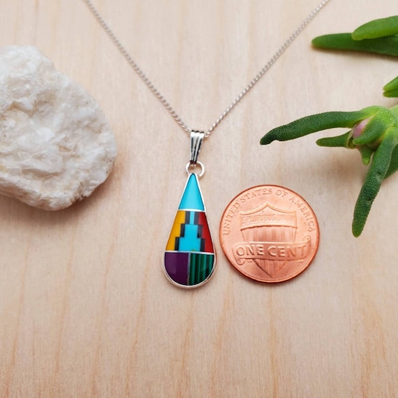 Simple Southwest Necklace Pendant With Silver Box Chain Necklace 18 in | Sterling Silver Multicolor Teardrop Necklace | Southwestern Jewelry