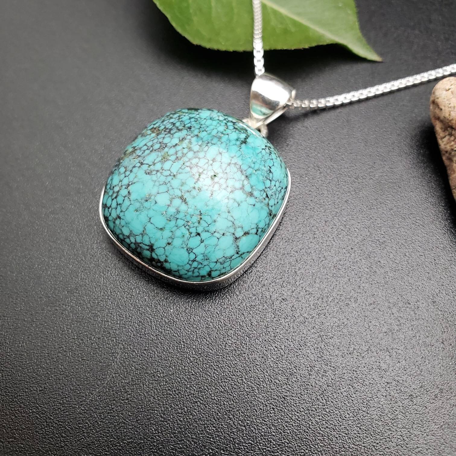 SV#08 Big Turquoise Necklace Pendant With Silver Chain | Sterling