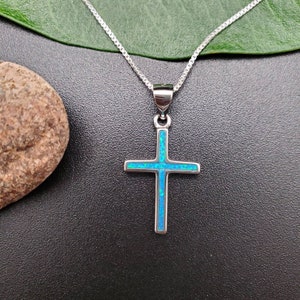 EMV #17 Dainty Blue Opal Inlay Cross Necklace Pendant With Silver Chain Necklace | Sterling Silver Opal Cross Pendant | Inlay Cross Jewelry