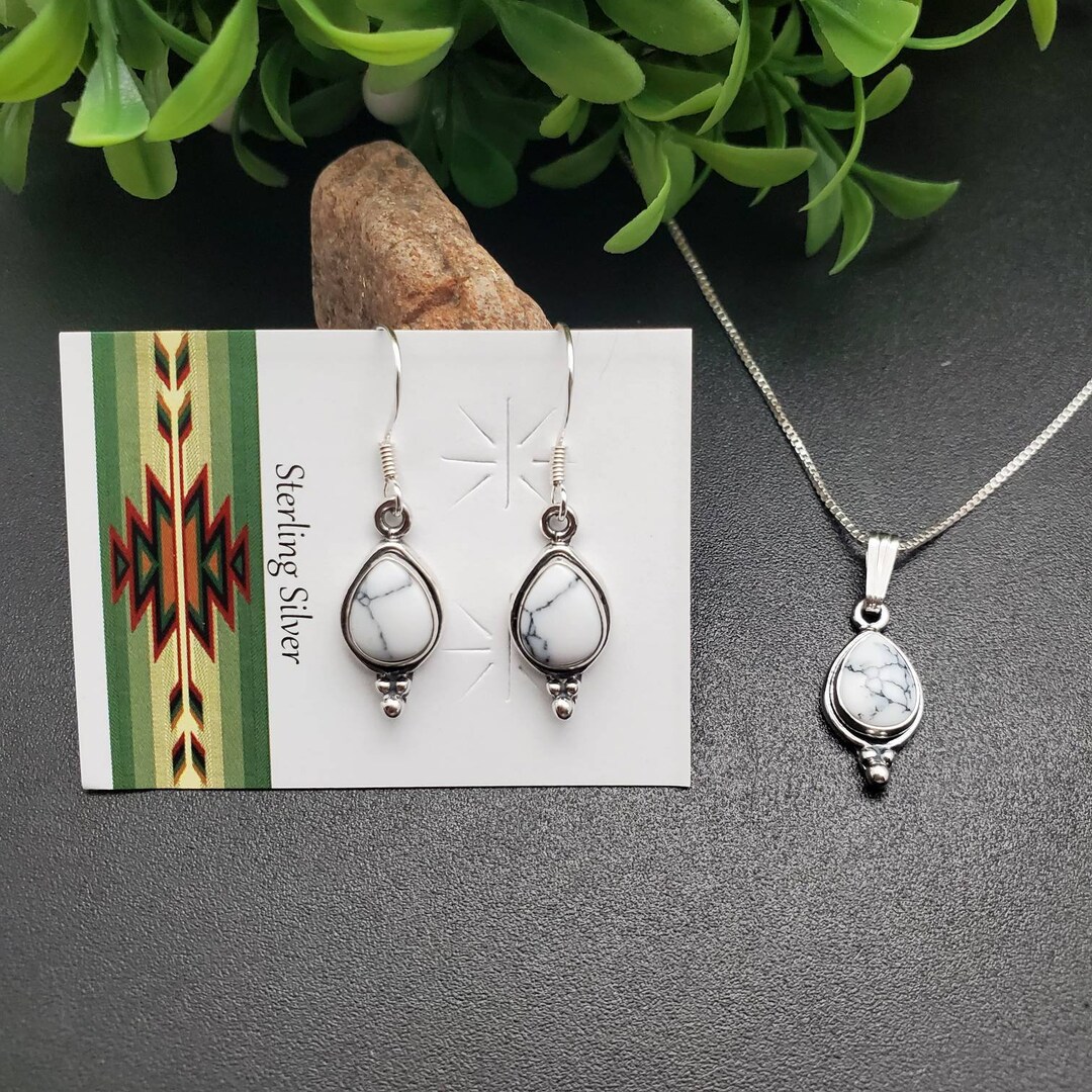 Dainty White Buffalo Stones Necklace Earrings Set | Sterling Silver ...