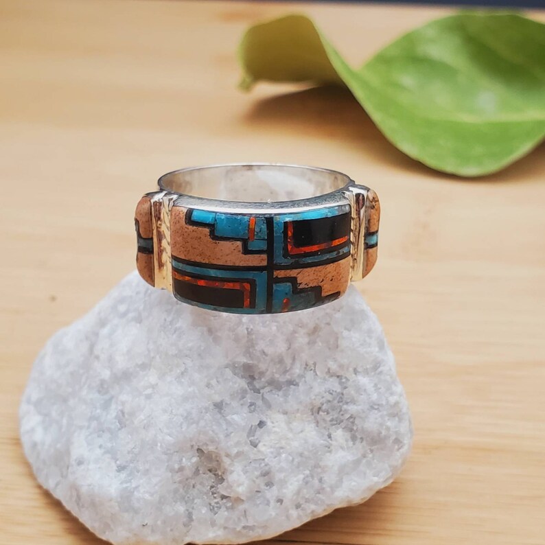 925ForHer Unisex Inlay Ring #312 | Southwest Pueblo Ring Size 8 1/2 US | Sterling shops Silver Inlay Multicolor Ring | Colorful Pattern Inlay Ring
