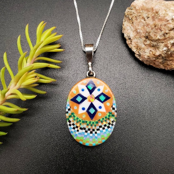 OVAL INLAY NECKLACE-SILVER925-インレイネックレス TT #07 Multicolor Inlay Necklace Pendant With Silver Box Chain