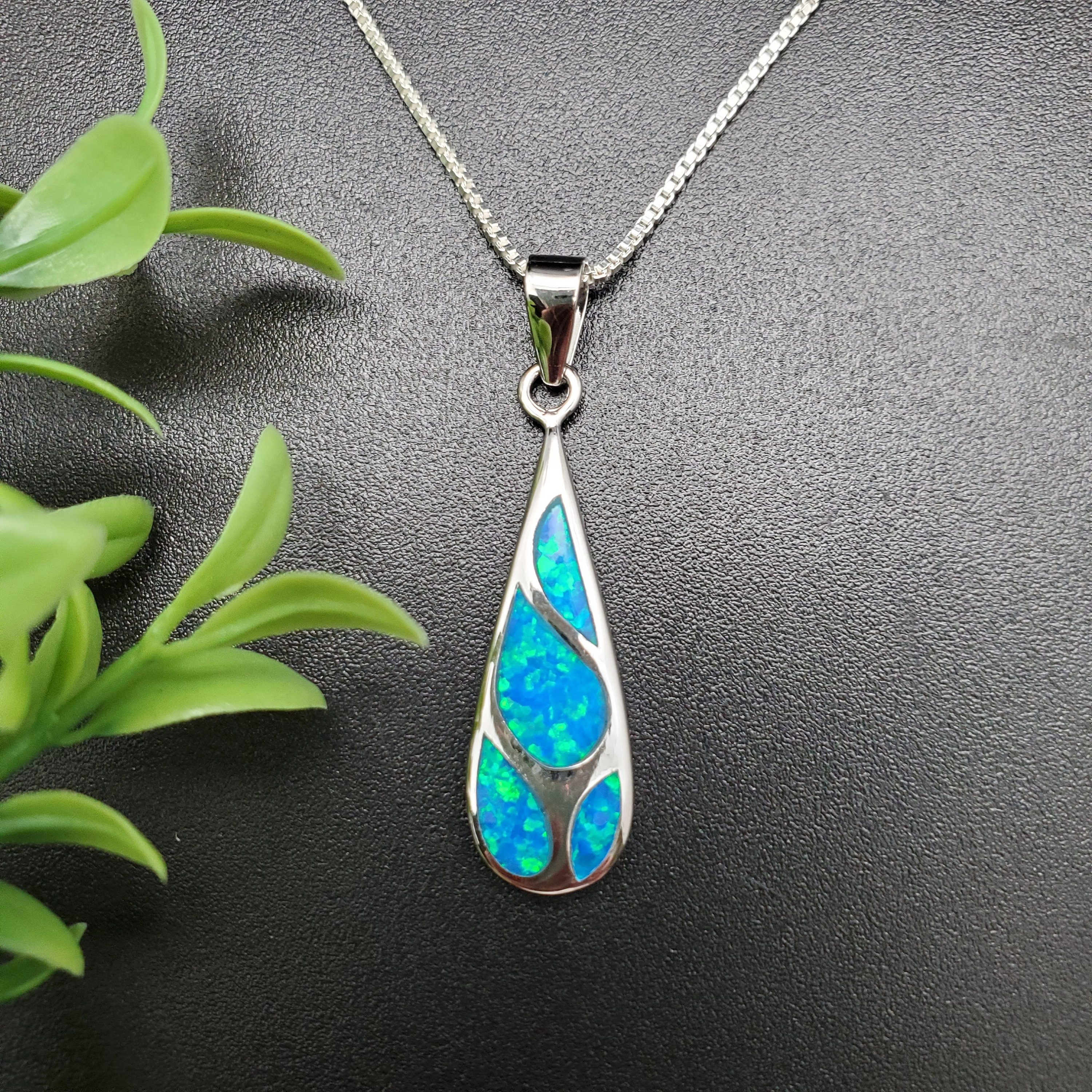 EMV #122 | Lovely Teardrop Blue Opal Inlay Necklace Pendant