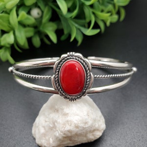 Bamboo Red Coral Bracelet Cuff | Silver Concho With Coral Cuff Bracelet | Red Stone Southwest Bracelet | Dainty Bracelet Cuff | Made in USA